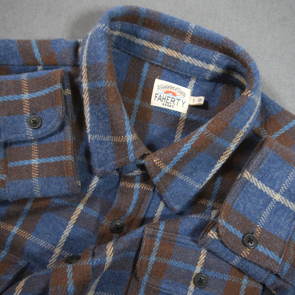 Faherty Soft Legend Sweater Plaid Flannel Stretch Men L Blue Outdooor Coastal